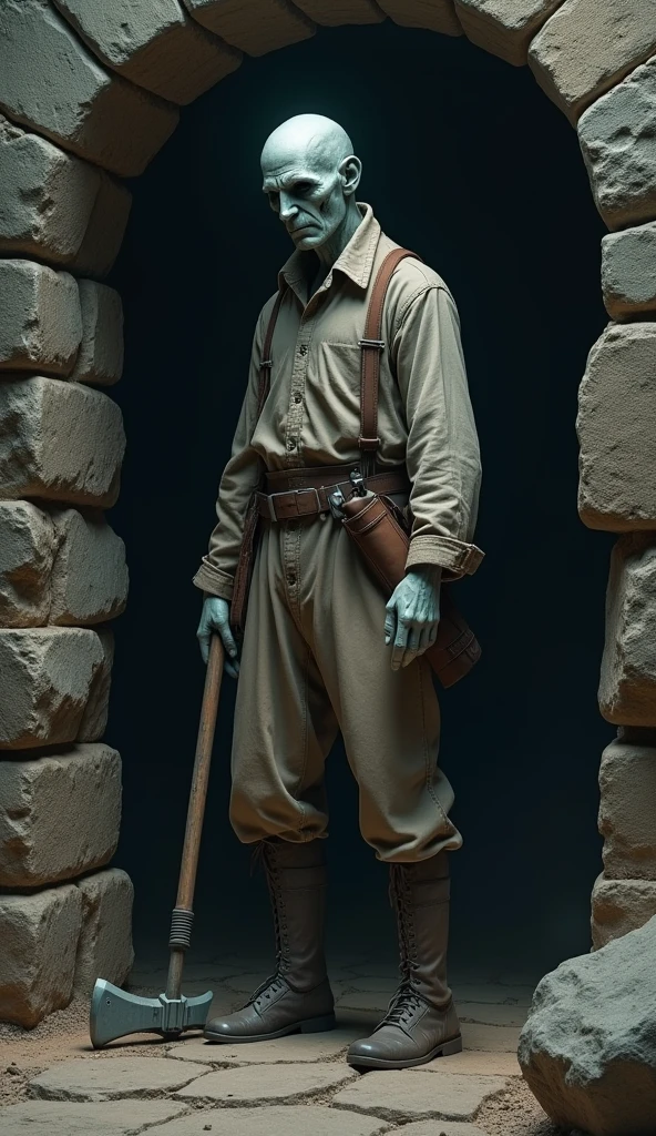 The ghostly figure of a miner, dressed in tattered 19th-century clothing, standing at the entrance of an old, abandoned mine. His face is pale and gaunt, with a haunted expression as he grips a worn pickaxe in his hand