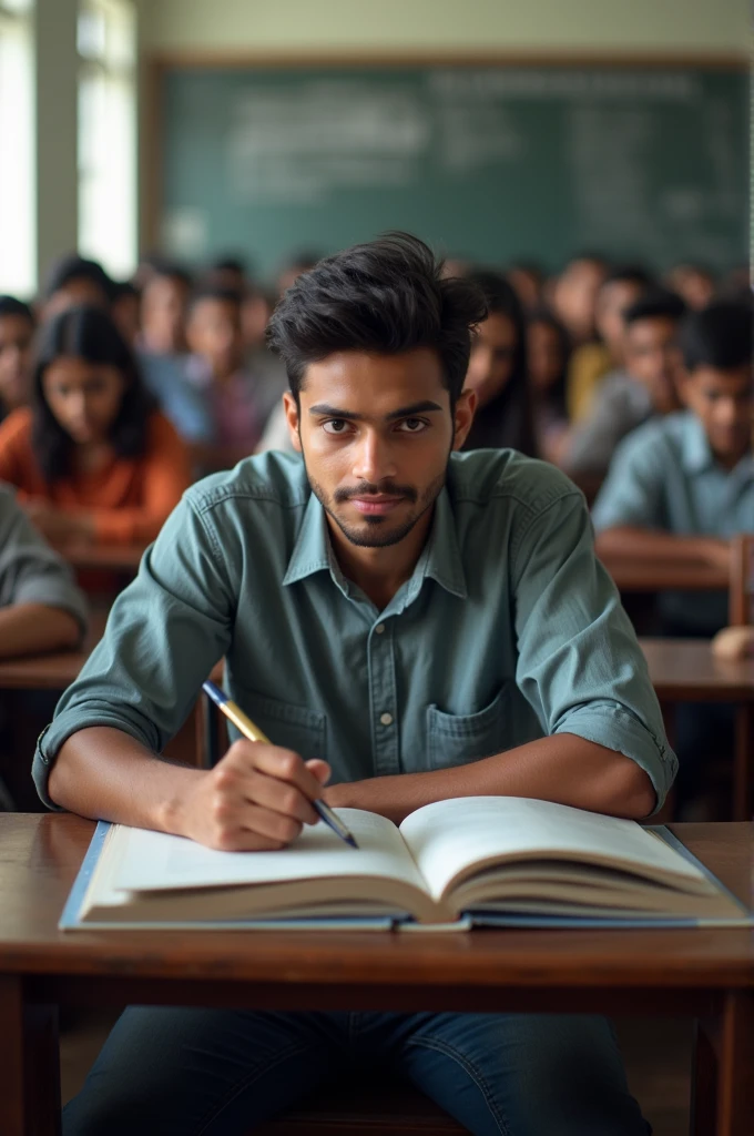 An 18 year old man is sitting in a class looking at a book. At least 40 people are sitting behind him. The background is a bit blurred. HD quality thumbnail Indian calculate