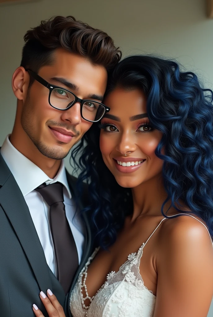 Light-skinned couple, the groom with small square glasses, straight hair combed, She has a thick curvy body with big cheeks, black wavy hair with blue, nose and tongue piercings