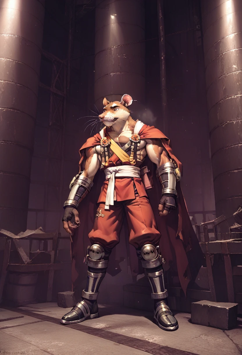 a furry anthropomorphic black/brown rat buff,muscular man wearing a survivalist suit,master splinter,Hamato Yoshi,thick,young ,90’s style. He’s androgynous,equipped with some weapons and a sensual ,cool expression,full body.The scene has a cool,sweet,sexual,samurai style and a vibrant tone.industrial setting in the background