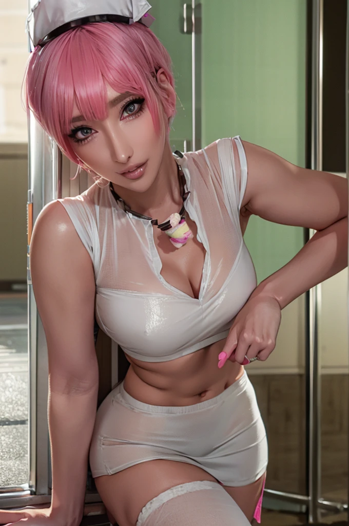 (Highest quality), Realistic, Beautiful Nurse,Gal,Hospital Bets,((Licking ice cream:1.2)),See-through costume,Nurse cap(short hair,Sharp bangs)Showing panties,(((Highest quality,Highest quality,8k images)))Pink Hair,High heels,