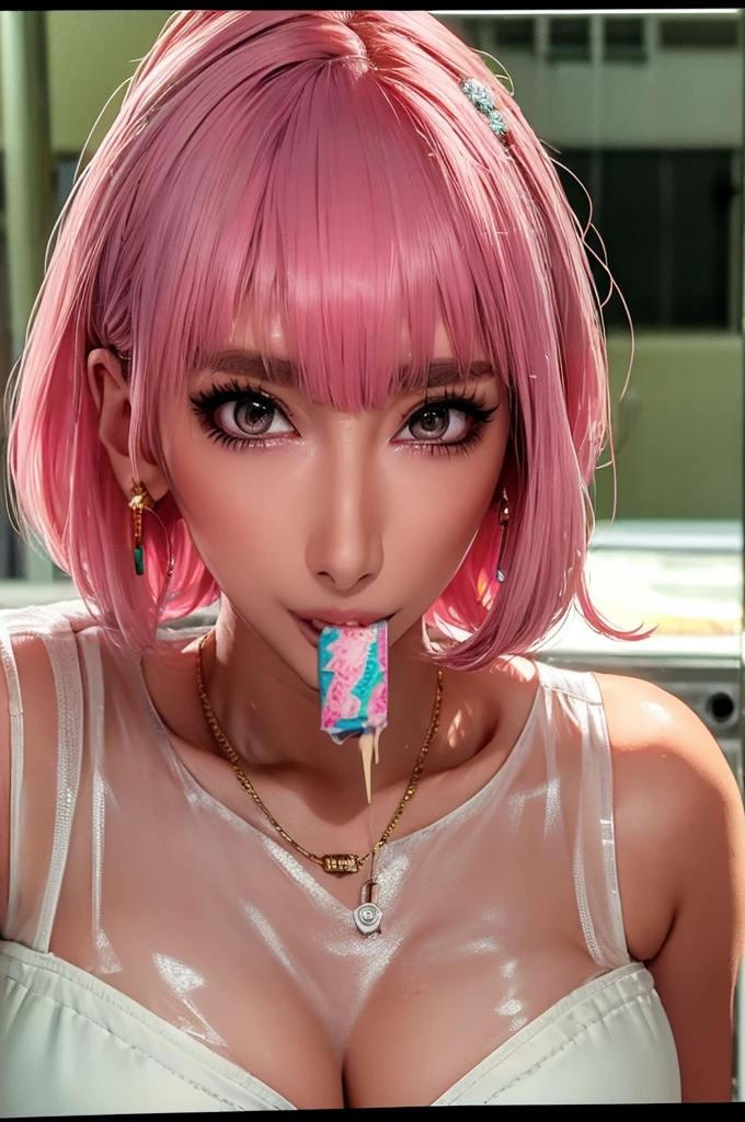 (Highest quality), Realistic, Beautiful Nurse,Gal,Hospital Bets,((Licking ice cream:1.2)),See-through costume,Nurse cap(short hair,Sharp bangs)Showing panties,(((Highest quality,Highest quality,8k images)))Pink Hair,High heels,