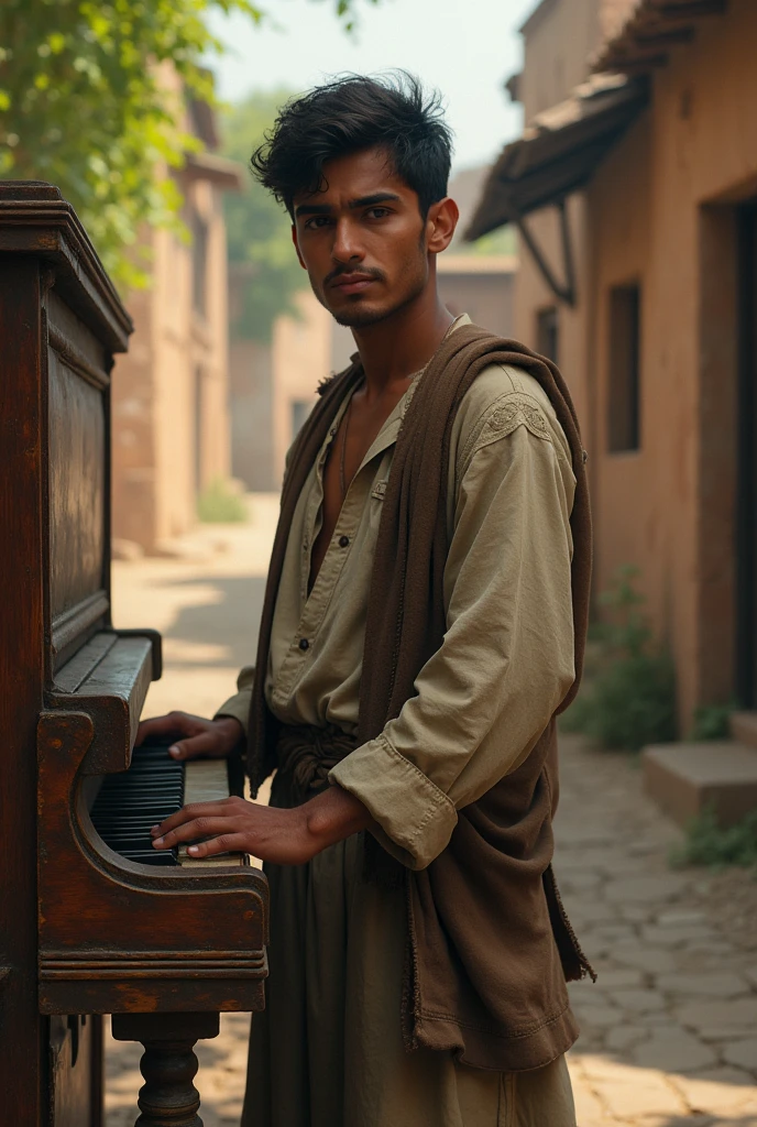 Karim un jeune homme du village de la tête jusqu'au pied avec un vieux piano à la main