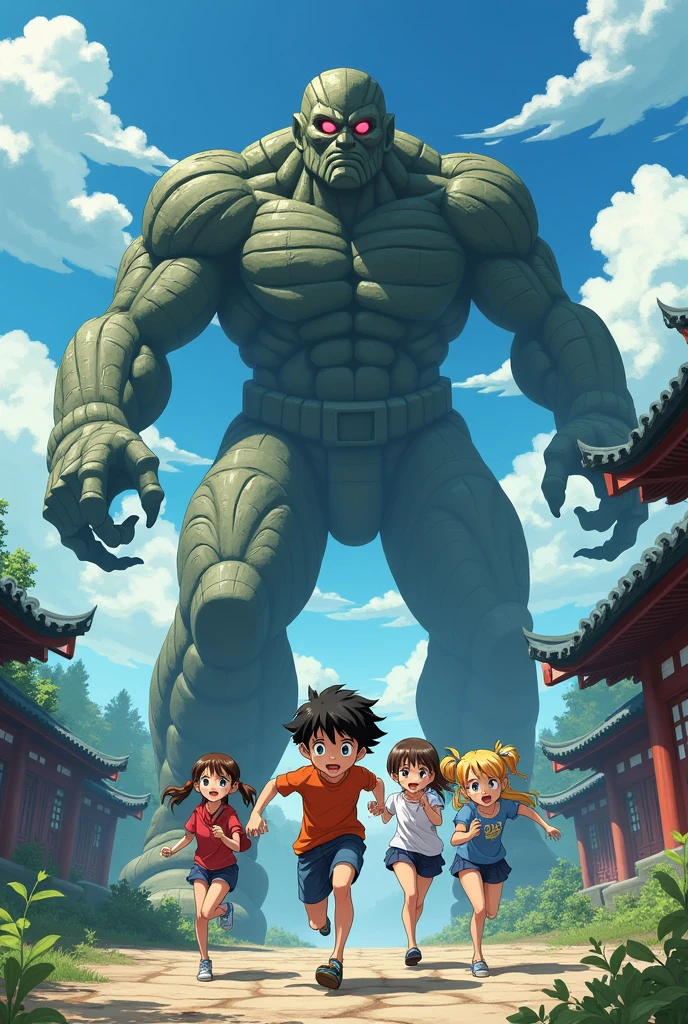 A boy and three girls escaping from a Golem in anime manga style