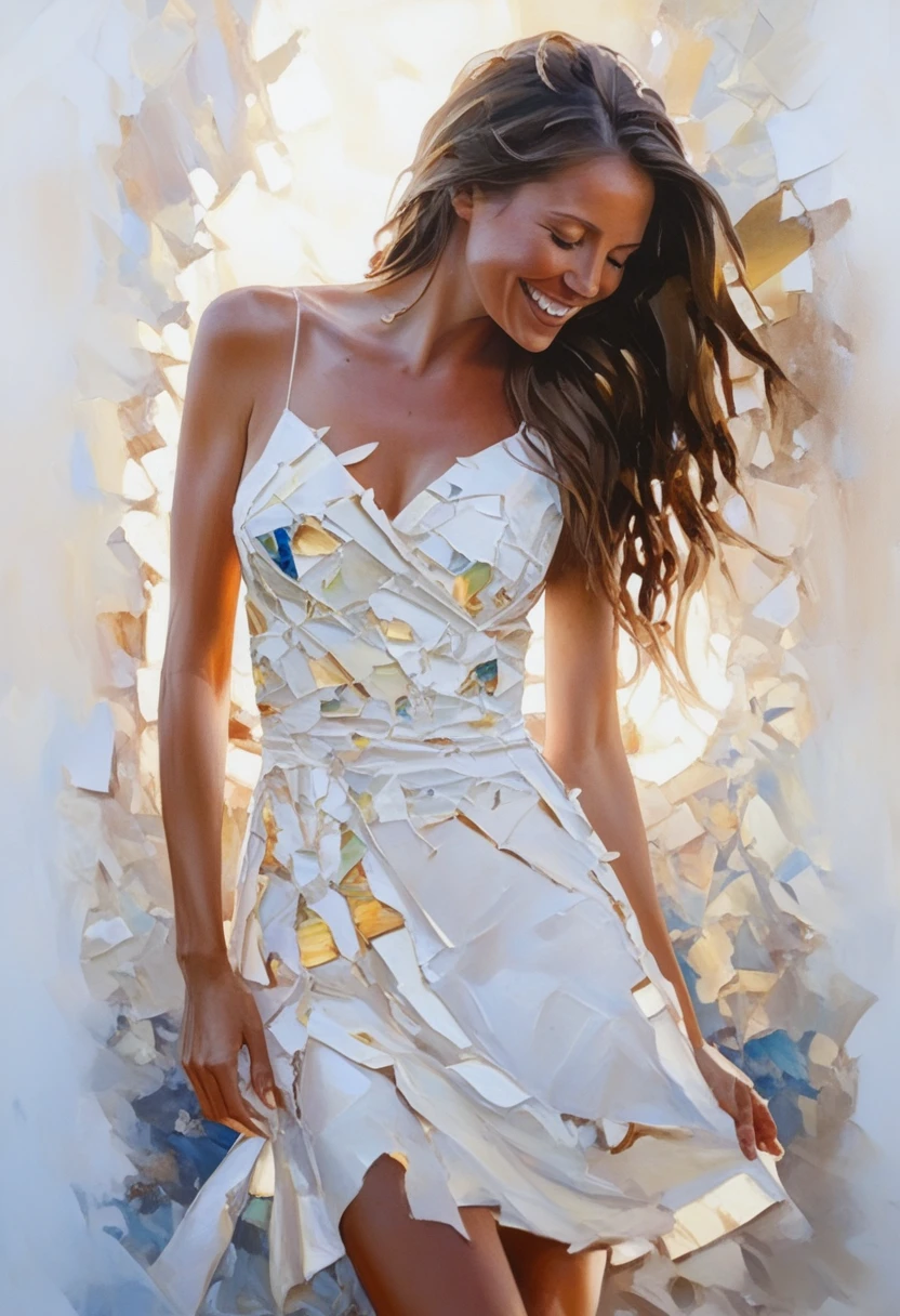 Painting of a woman with a face made of broken pottery shards, She turns her face towards the viewers and flashes her biggest smile.、She turned around, her long brown hair shaking.、The sunlight is shining from behind, casting a deep shadow on her face.、Backlight、Deep contrast、Wearing a white dress、intricate and intense Oil paints, Abstract Portrait, intricate Oil paintsing artwork, Vadim Kashin、Realistic, gives the viewer a detailed impact, a portrait painted with oil paint, , intricate and wet Oil paints, Oil paints, New art beyond dimensions, Happy expression, Ryan Hewett、bichu、oil paintin、A three-dimensional painting、super masterpiece、Ultra high definition、vivid colors、