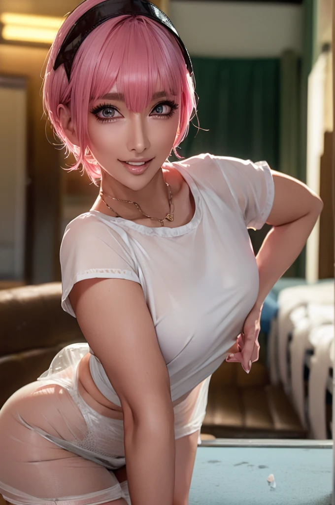 (Highest quality), Realistic, Beautiful Nurse,Gal,Hospital Bets,((Licking ice cream:1.2)),See-through costume,Nurse cap(short hair,Sharp bangs)Showing panties,(((Highest quality,Highest quality,8k images)))Pink Hair,High heels,