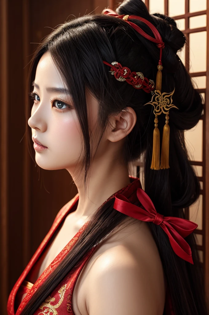 1girl, beautiful detailed eyes, beautiful detailed lips, extremely detailed face and hair, red ribbon on neck, katana sword on neck, anime style, inspired by Puhua, official art, wuxia costume, inspired by Zhang Seng Yao, Kimetsu no Yaiba Rui fanart, inspired by Ju Lian, Sword Zero video game character, G Liulian art style, yun ling, Chinese mythology Akira