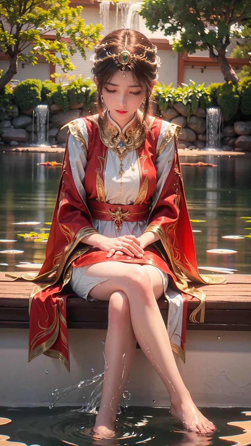 a beautiful girl in a red and white dress, sitting cross-legged on the surface of the water, water ripples and waves around her, water droplets glistening on her skin, photorealistic, highly detailed, 8k, masterpiece, cinematic lighting, warm color tones, serene, tranquil, elegant, graceful