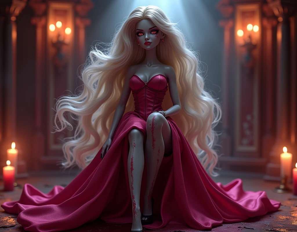 Fantasy art, RPG art, Dark fantasy art,  illustration of extremely 1beautiful Barbie vampire, Barbie mistress of death, she has long hair, flowing hair, wavy hair, blond hair, pale grey skin, (red eyes: 1.3) (glowing eyes: 1.3), (stains of blood on face: 1.2), she wears dark pink dress, silk dress, she wears stockings, high heels, Barbie dollhouse backgrond, dynamic position, (full body: 1.2) dim candles light, dark fantasy art, gothic art, dynamic angle, best details, best quality, 16K, [ultra detailed], masterpiece, best quality, (ultra detailed), full body, ultra wide shot, photorealistic, 3D rendering, NeroV2
