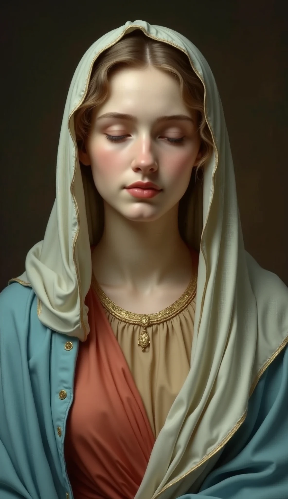 A frontal image of the beautiful 20-year-old Virgin Mary、Upper Body。Dye your cheeks、She has her eyes closed, her lips pursed as if kissing, and is sticking them out towards me.。Reddish beige tunic with light blue cloak and veil