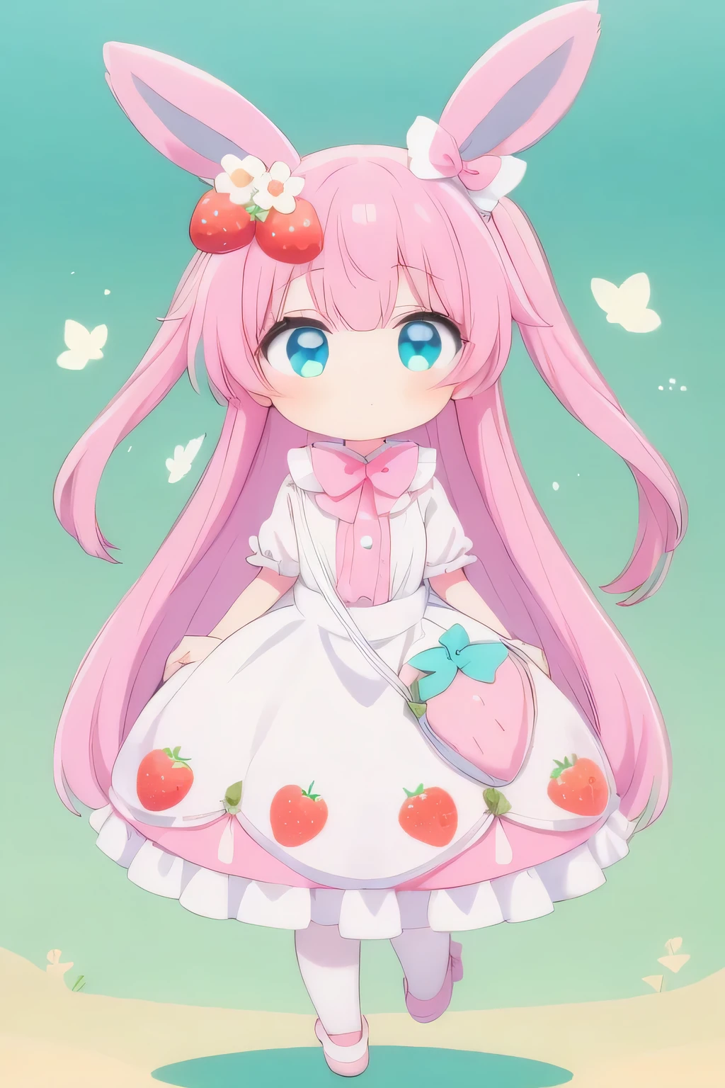 sky blue eyes,1girl,chibi,full body,green background,sky blue eyes,with heat-shaped irises,rabbit ears,pink hair,long hair,enjoy,tareme,cute eyes,strawberry pattem,two side up hair