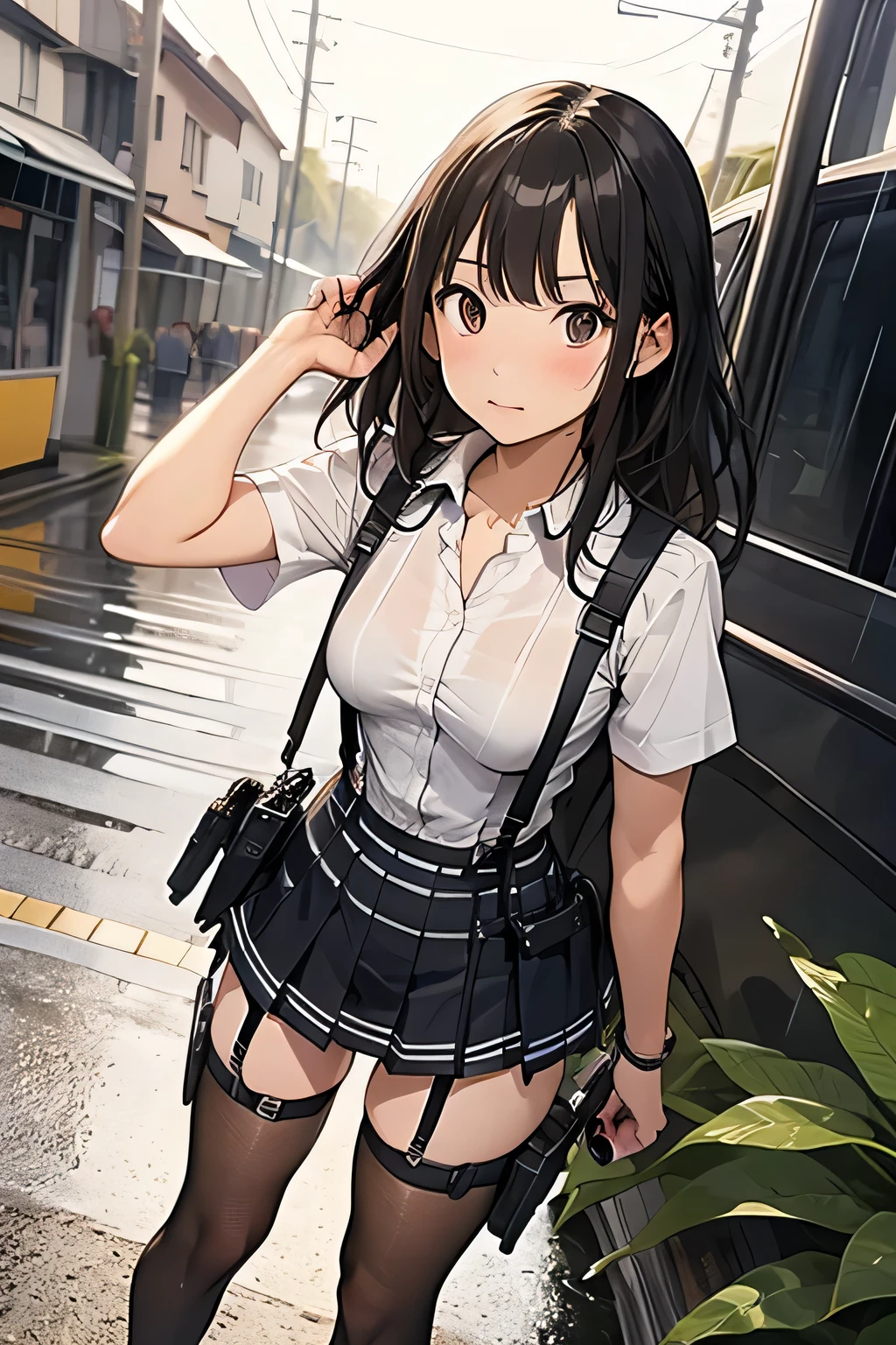 1 female, , high quality, masterpiece, Ultra-high resolution, Cinema Lighting, 1 female, , high quality, masterpiece, Ultra-high resolution, , Cinema Lighting, suspenders Moderate breasts Small face Looking up Sweat Thin belt buzzer 脇Sweat garter belt Belt on pants holster Hands behind your back Looking up Anxious face Knee-high Knee socks Knee-highソックス garter ふとももにgarter belt Checkered mini skirt Panty shot Skirt gap Armament holster holster Hands behind your back Anxious expression Anxious face, legs apart Armament Leg Holster holster See-through clothing heavy rain Rain-soaked dress shirt,Moderate breasts ガーターbelt suspenders Garter on the thigh Checkered mini skirt Looking up Pause belt Armpit sweat Hands behind back Raise your hands