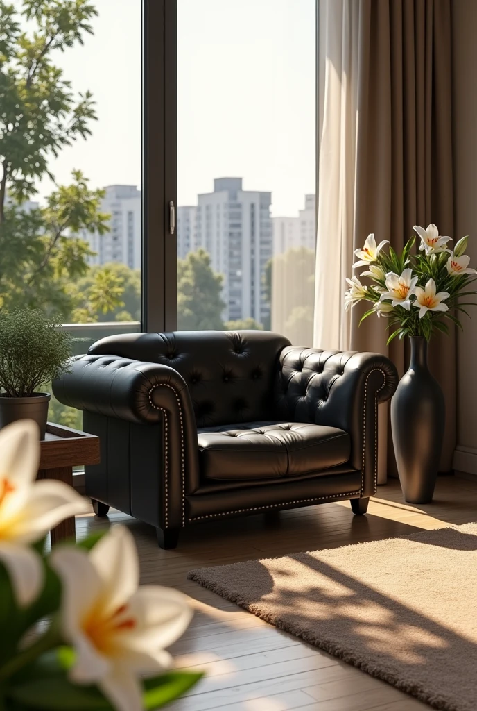 big modern apartment flat with sunshine, dark chester armchair, lilies in the middle, and Alsancak city view with apartments and trees
