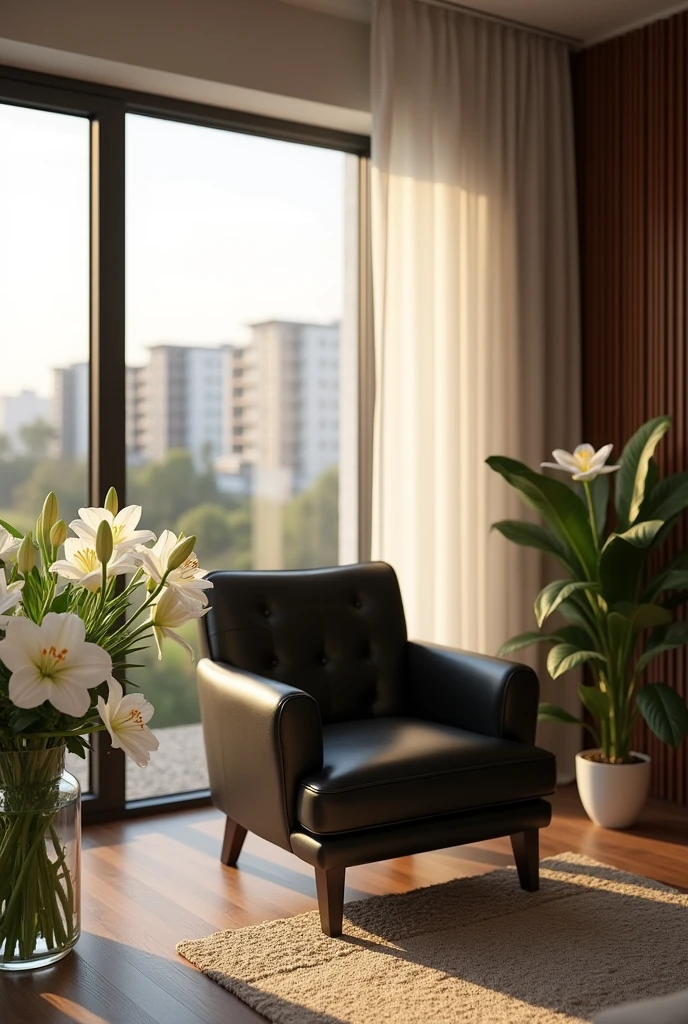 big modern apartment flat with sunshine, dark chester armchair, lilies in the middle, and Alsancak city view with apartments and trees