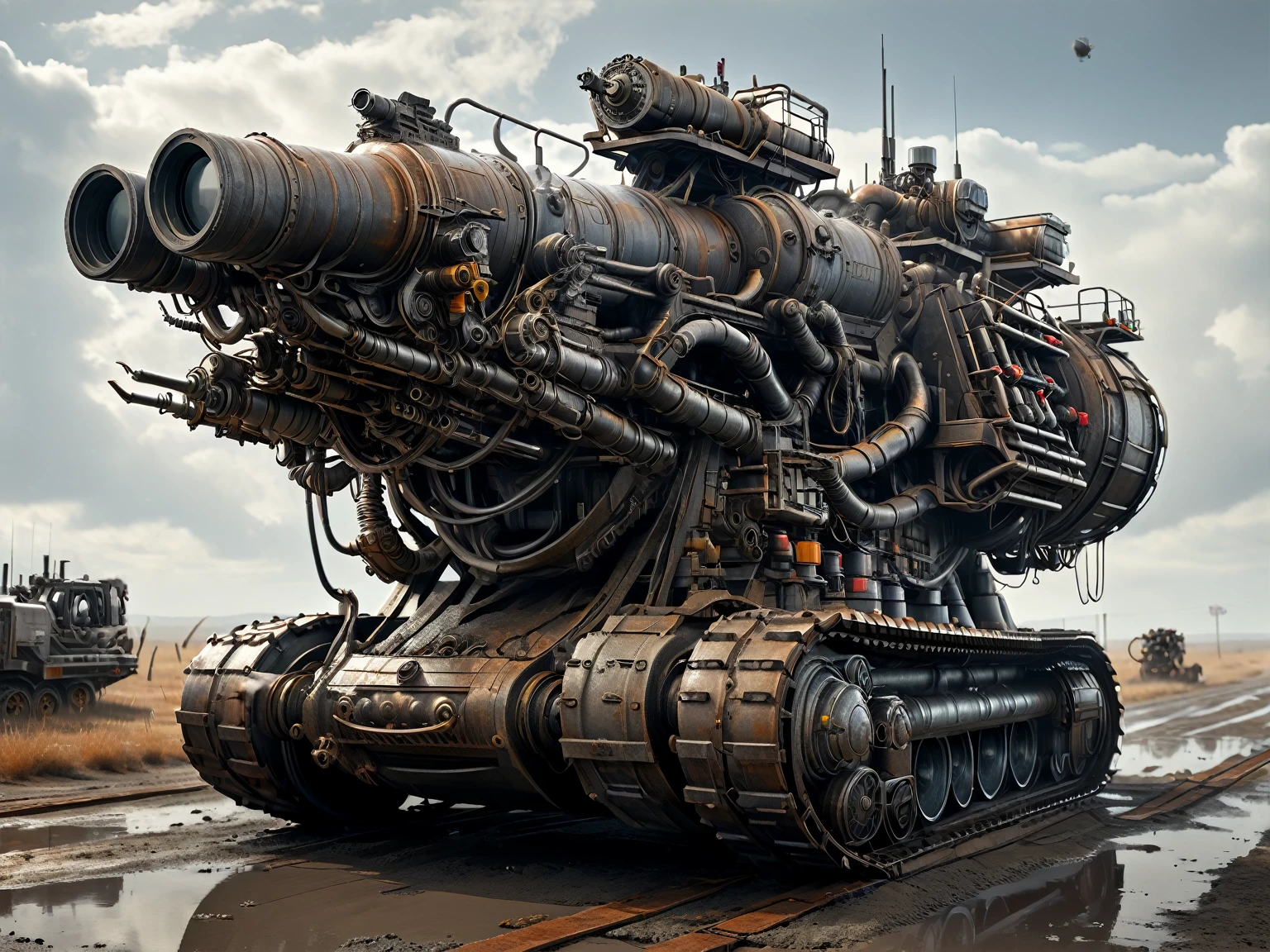 (style of Mazzinger Z),sci-fi,hyper realistic octane render,(background light:1),(moody lighting:0.4),a extremely long cannon on top of a platform, mega highly detailed, highly detailed model, massively long cannon, hyper detailed 3 d render, high detail render, hyper detailed 3d render, giant ultra long cannon, cinematic highly detailed, massive hyper long cannon mounted on platform, highly detailed render, heavy detailed, moving haphazardly on the ground for no reason,xryhd,ais-abandz,water accumulation on the bumpy road surface,reflection,fodder field,grey atmosphere,atmospheric haze,dirty of mud,dust everywhere,lots of details,far octopus is walking on the ground,foggy environment,(Extremely high-resolution details, photographic, realism pushed to extreme, fine texture,incredibly absurdres,absurdres,masterpiece,Extremely high-resolution details,realism pushed to extreme,fine texture),