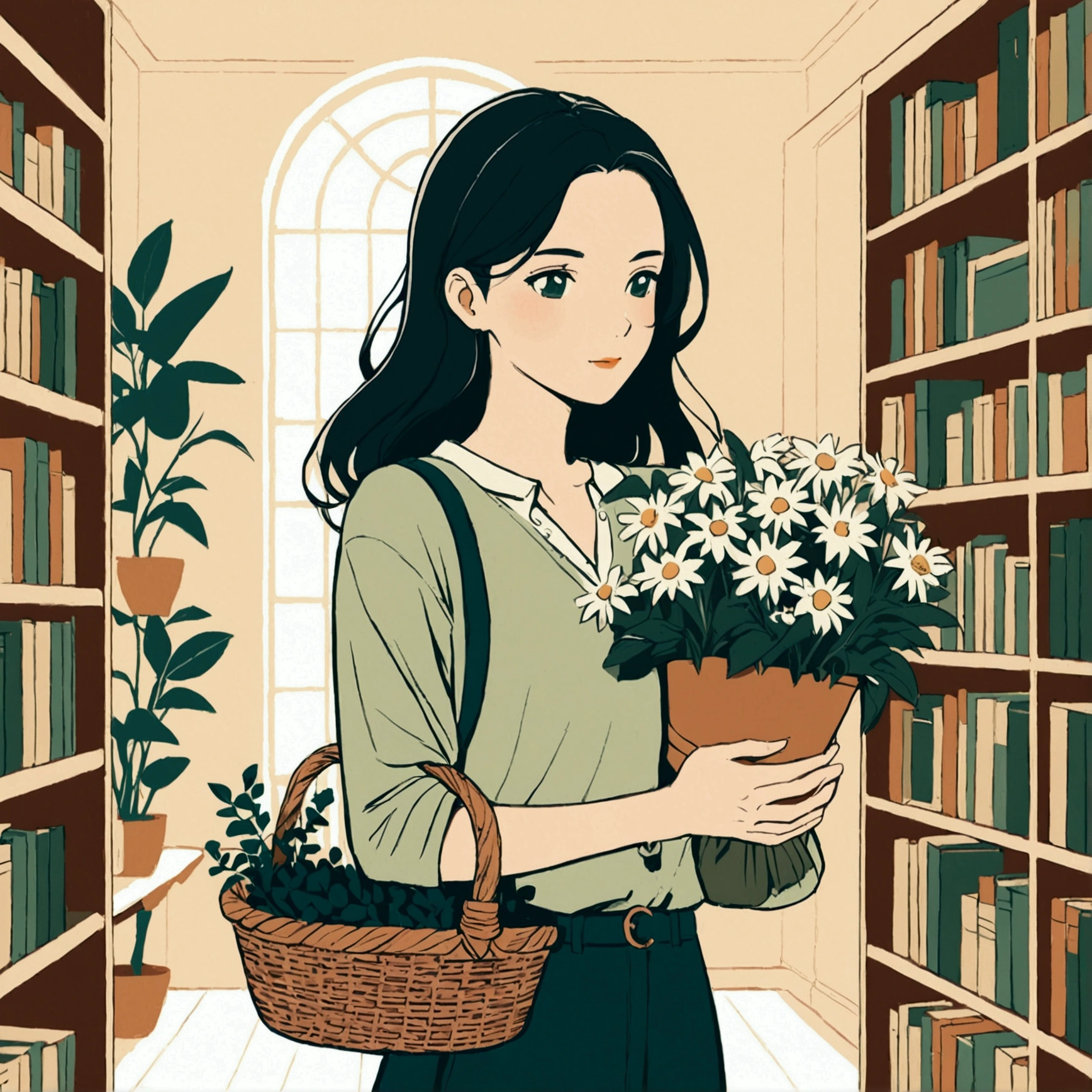 A woman in casual clothes, holding a basket of flowers. Flat colors, chic, soft atmosphere, subtle lighting. Lots of bookshelves and plants in the background. Simple and beautiful color scheme.