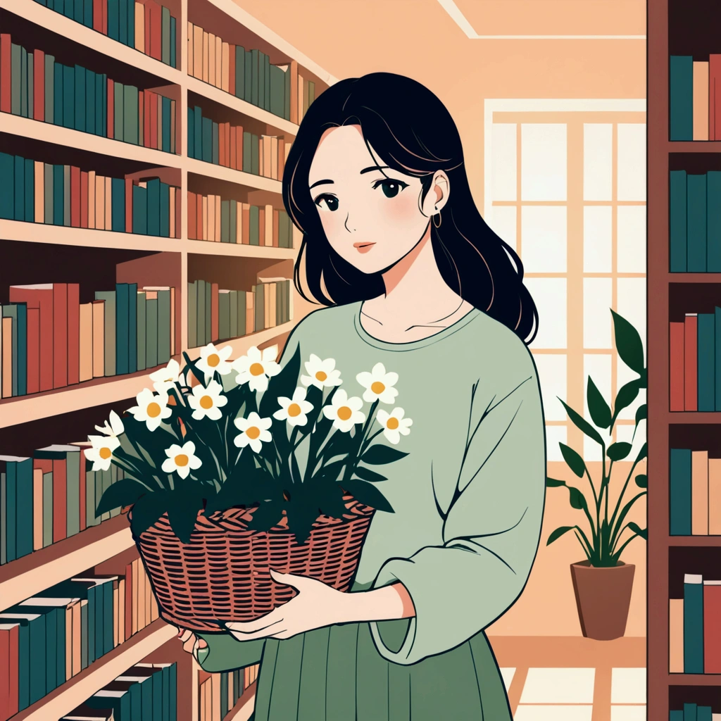 A woman in casual clothes, holding a basket of flowers. Flat colors, chic, soft atmosphere, subtle lighting. Lots of bookshelves and plants in the background. Simple and beautiful color scheme.