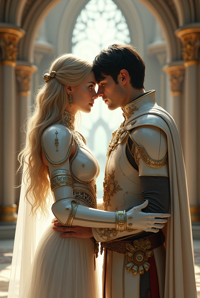 arafed, high details, best quality, 16k, [ultra detailed], masterpiece, best quality, (extremely detailed), dynamic angle, ultra wide shot, RAW, photorealistic, a wide angle fantasy illustration of a wedding between a knight and her prince in medieval castle, a female human knight, pic beautiful human woman (best details, Masterpiece, best quality), ultra detailed face (best details, Masterpiece, best quality), blond hair, long hair, wavy hair, green eyes, wearing heavy mecha armor, mechanical parts white armor, intricate details armor (best details, Masterpiece, best quality), white metallic armor, armor shines BREAK, [[and]] a human male prince, beautiful human man (best details, Masterpiece, best quality), ultra detailed face (best details, Masterpiece, best quality), black hair, short hair, blue eyes, wearing, medieval style clothes (best details, Masterpiece, best quality), noble clothes, fantasy castle background, Ultra-Wide Angle, high detail, award winning, best quality, HD, 16K, 3D rendering, high details, best quality, highres, ultra wide angle, 3D rendering, [[anatomically correct]]