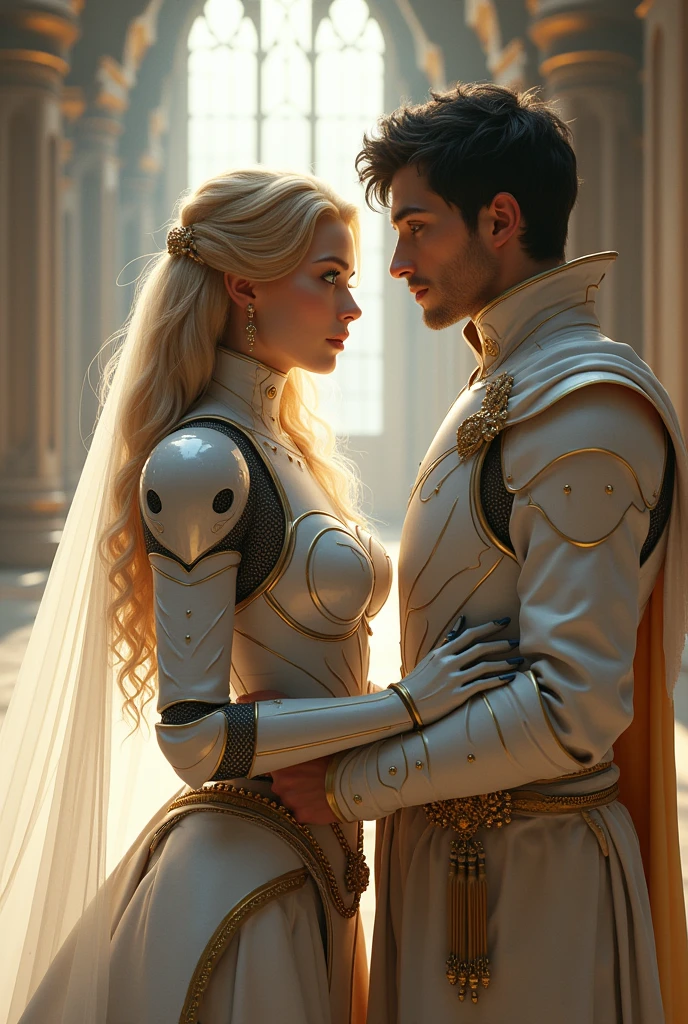 arafed, high details, best quality, 16k, [ultra detailed], masterpiece, best quality, (extremely detailed), dynamic angle, ultra wide shot, RAW, photorealistic, a wide angle fantasy illustration of a wedding between a knight and her prince in medieval castle, a female human knight, pic beautiful human woman (best details, Masterpiece, best quality), ultra detailed face (best details, Masterpiece, best quality), blond hair, long hair, wavy hair, green eyes, wearing heavy mecha armor, mechanical parts white armor, intricate details armor (best details, Masterpiece, best quality), white metallic armor, armor shines BREAK, [[and]] a human male prince, beautiful human man (best details, Masterpiece, best quality), ultra detailed face (best details, Masterpiece, best quality), black hair, short hair, blue eyes, wearing, medieval style clothes (best details, Masterpiece, best quality), noble clothes, fantasy castle background, Ultra-Wide Angle, high detail, award winning, best quality, HD, 16K, 3D rendering, high details, best quality, highres, ultra wide angle, 3D rendering, [[anatomically correct]]