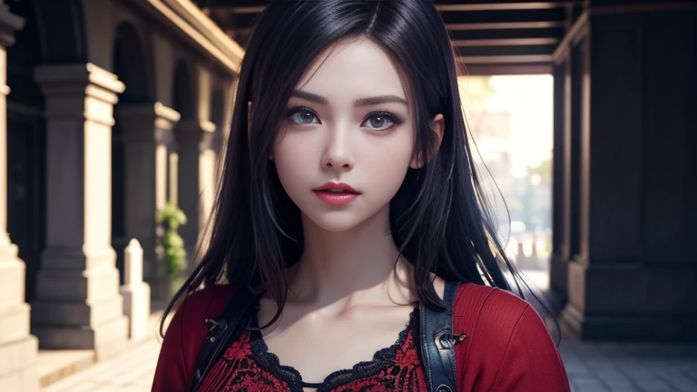 Very detailedRAWカラー写真, Beautiful young woman, Short blonde, Dynamic pose, (Wide Hips), (Detailed skin), (Detailed lips), (Detailed eyes), (Cosmic: 1.4), (Cemetery: 1.1), (sci fi setting) (Detailed face), (Curvy), Red clothes, Detailed eyes, chromatic aberration, Depth of written boundary, Soft lighting, masterpiece, Highest quality, Complex, (Lens Reflection: 0.7), (flowering: 0.7), Particle Effects, Ray Tracing, Tone Mapping, Very detailed, Concept Art, Smooth, Sharp focus, Dramatic lighting, Very detailed art, Cinematic, hyper-Realistic painting, Trending on Art Station, 8k, Great Shadows, Realistic, (Very detailed background: 1.2), Art on the road,Perfect body、(((1 female)))、(((Beautiful and accurate five fingers)))