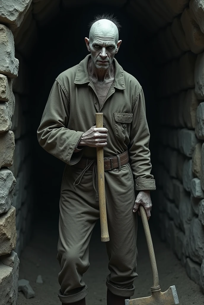 The ghostly figure of a miner, dressed in tattered 19th-century clothing, standing at the entrance of an old, abandoned mine. His face is pale and gaunt, with a haunted expression as he grips a worn pickaxe in his hand close up shot with face visible