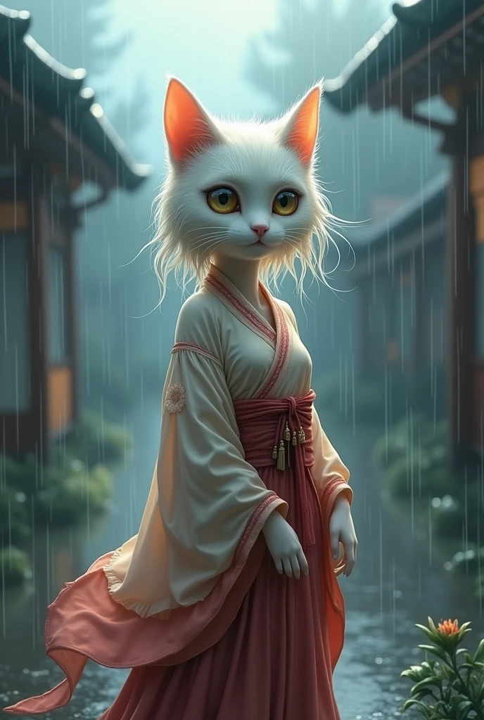 Anthropomorphic cat character, a female full body standing alone in the rain. She has white fur, large expressive eyes, and a human-like physique. Her hair is wet, and she is wearing a drenched traditional outfit. The scene is set against a rainy backdrop, blending realism with a whimsical, cartoon-like twist."