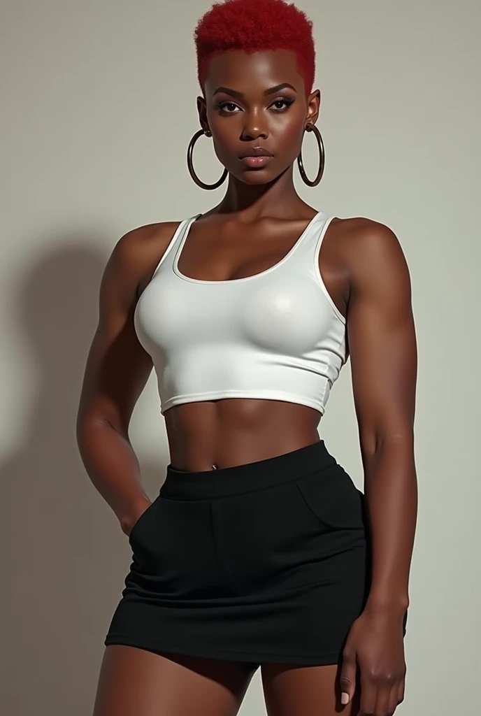 Muscular black woman with short red hair above the ears with one side shaved wearing hoop earrings, eyes browns, wearing a black skirt above the knees and a white tank top