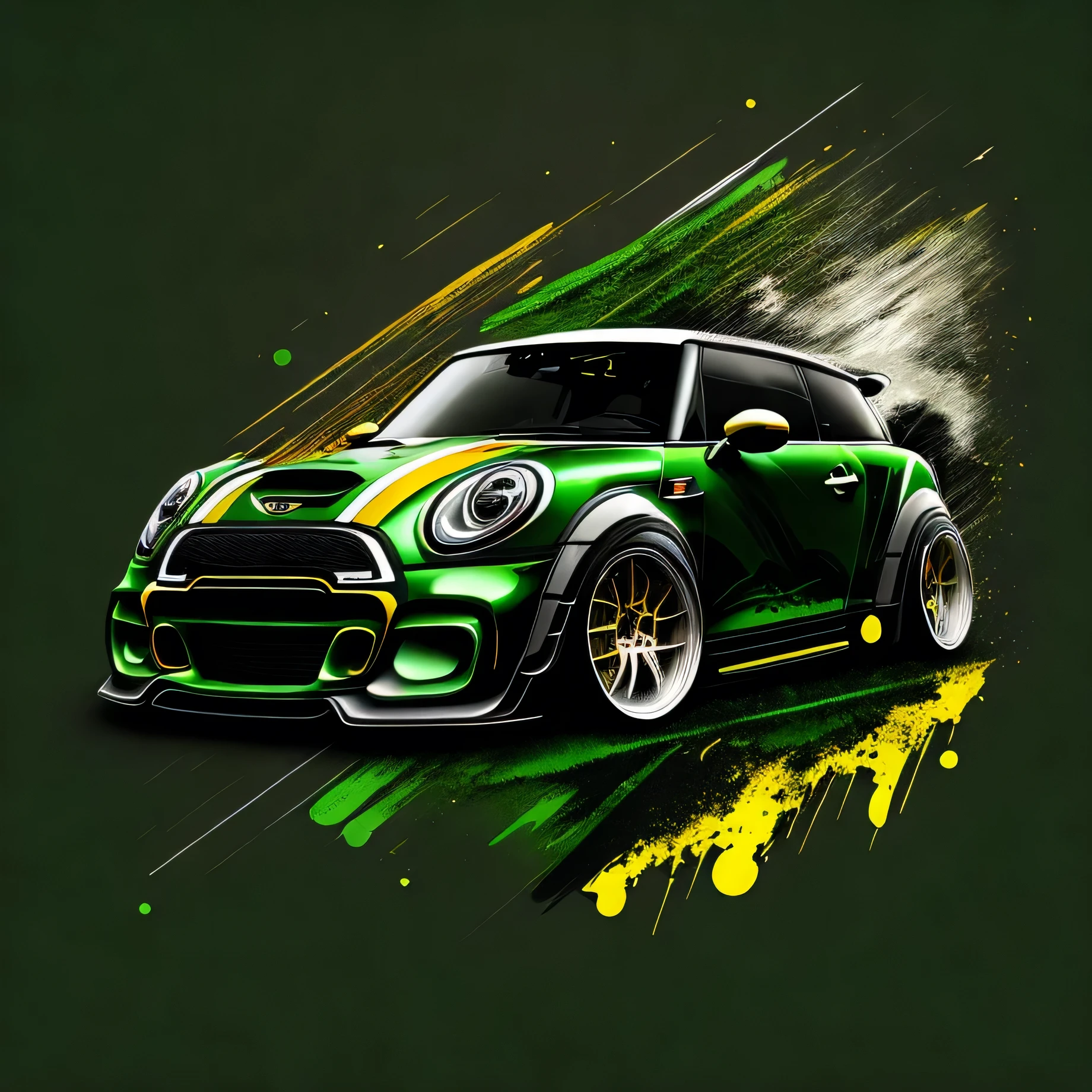 Artwork for t-shirt graphic splash design a modern street racer graphic design front view profile R56 Mini Cooper S JCW green and gold outline