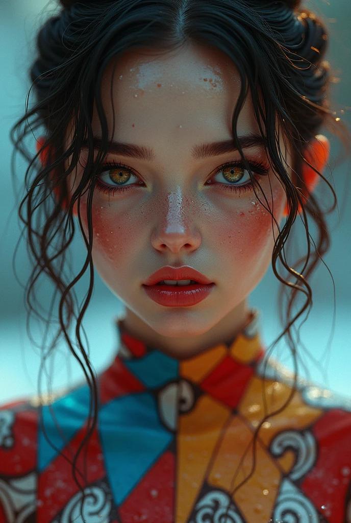 The photo shows a beautiful girl in a harlequin costume, with beautiful shapes. Focus on eyes.The girl looks wet, which adds a special charm to her. Her image radiates light and attracts the viewer's gaze,CGI.Lighting Effects,hyper-realistic,acrylic paints.