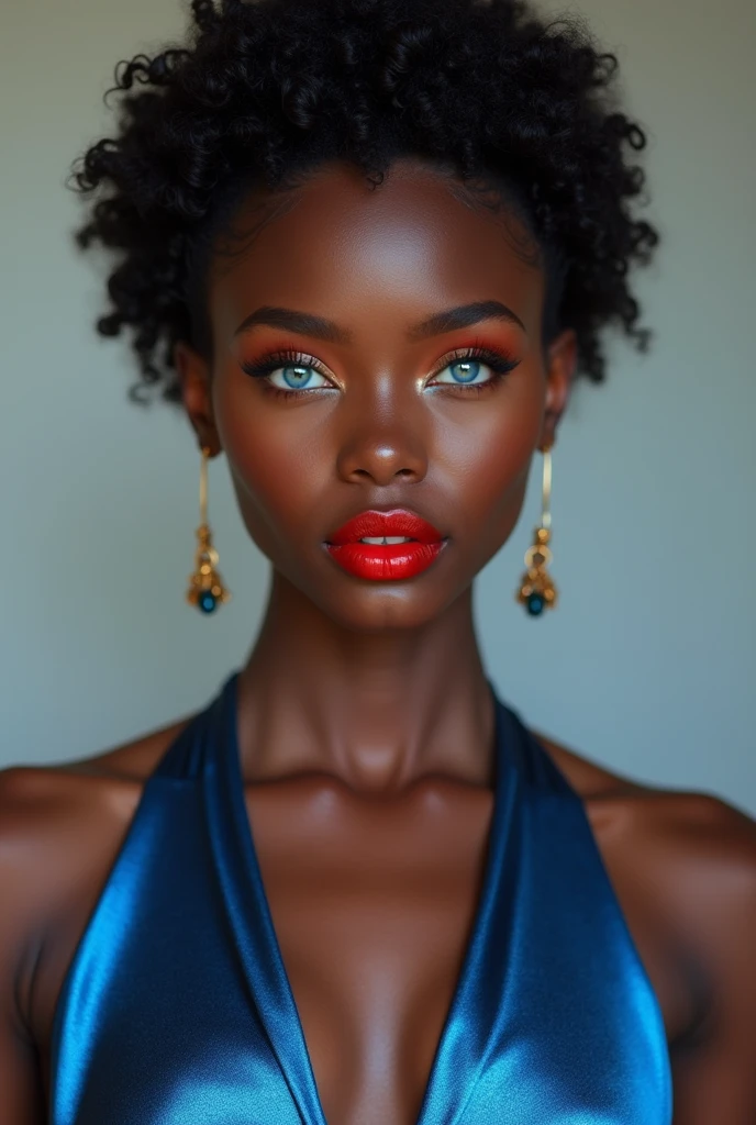 19 year old Haitian girl, very dark skin,
 blue eyes, short curly hair wearing red lipstick, wearing a metallic blue dress 