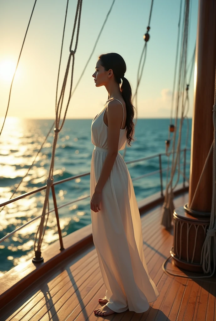 (photorealism:1.2), une femme brune, les cheveux long et attachés, un nez légèrement pointu, les yeux marron vert, un robe longue et fluide blanche, debout à la proue sur un magnifique bateau au milieu du pacifique. Un rayon de soleil l éclair, elle bronze et profite de l’instant de solitude. Ultra détaillé, ultra réaliste, cinématographique, 16k