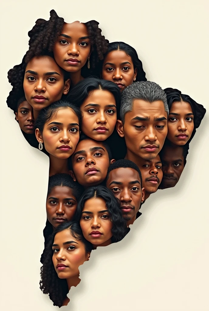A map of Bolivia made up of faces of different ethnicities and cultures, all interconnected to form the silhouette of the country, representing the idea of a national identity built on diversity.