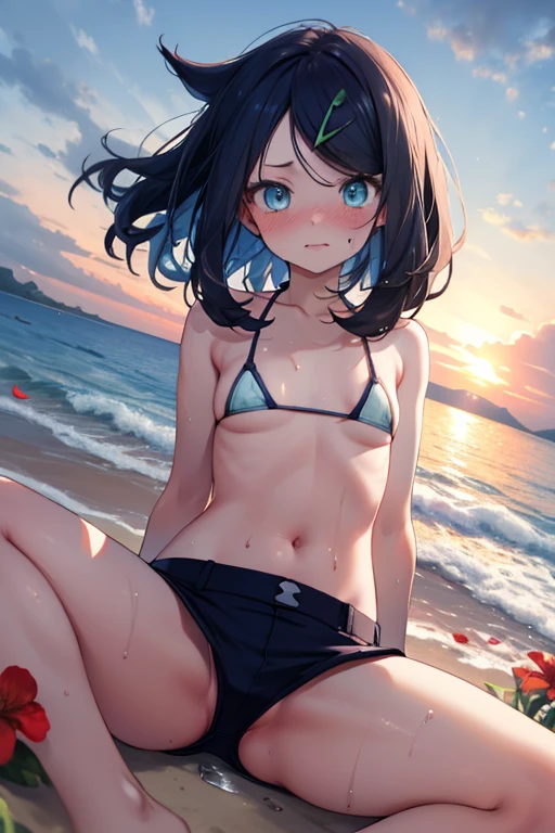 (nsfw),lure, ((all fours)), (((Light blue micro bikini bra, nipslip, Underboob, Spread your legs, Pussy outline))), Detailed depiction of nipples, , cute, Sweat, (masterpiece, Highest quality, 8K ultra-high resolution:1.4), Pokemon Riko, (tropical, Beachside, Flowers: 1.4), Written boundary depth, Focus of the film, From a dramatic angle, Emotional composition, Emotional engine full throttle BREAK Young and cute, Slender body, Flat Chest, Provocative, ((Embarrassed face)), Expressions of affection, Highly detailed glossy skin,Sweat, topless, Exposed breasts, Shorts, Wet and shiny thighs, 完璧なPokemon Rikoトップブレイク
, Wind, detailed in the Wind, petals dancing in the Wind
BREAK
ultra detailed crystal eyes, Eyes like shining jewels