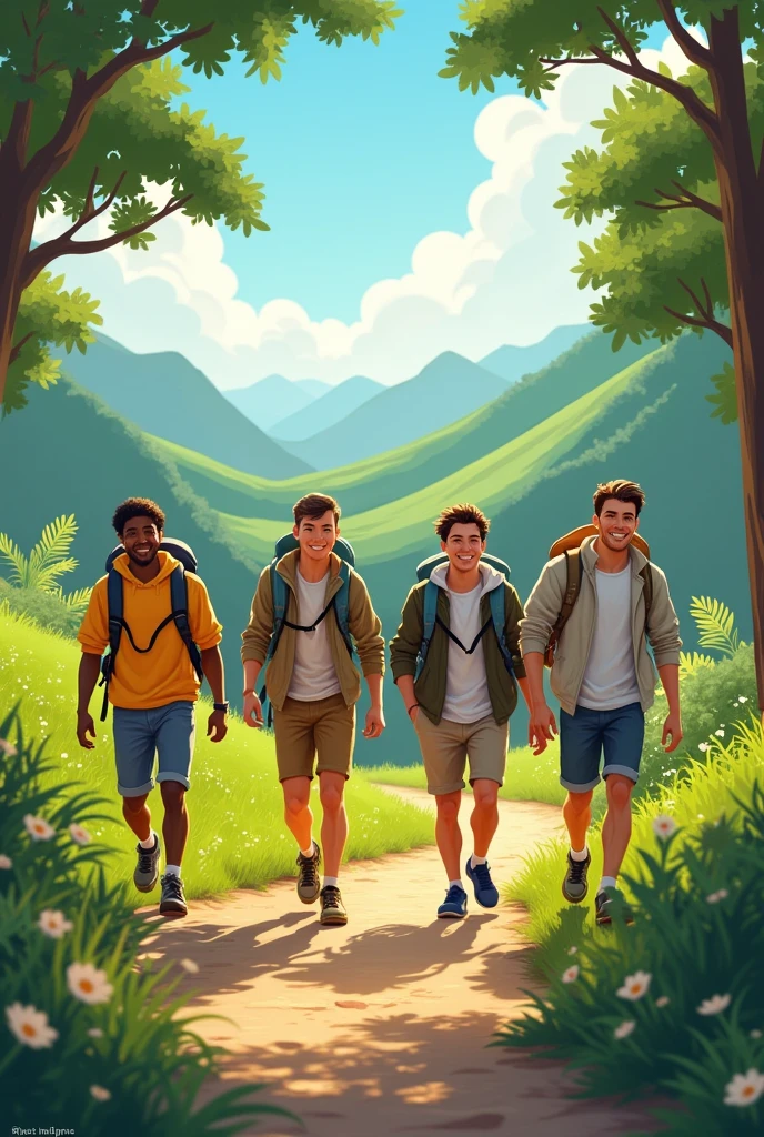 4 school  mens friends are going to outdoor
