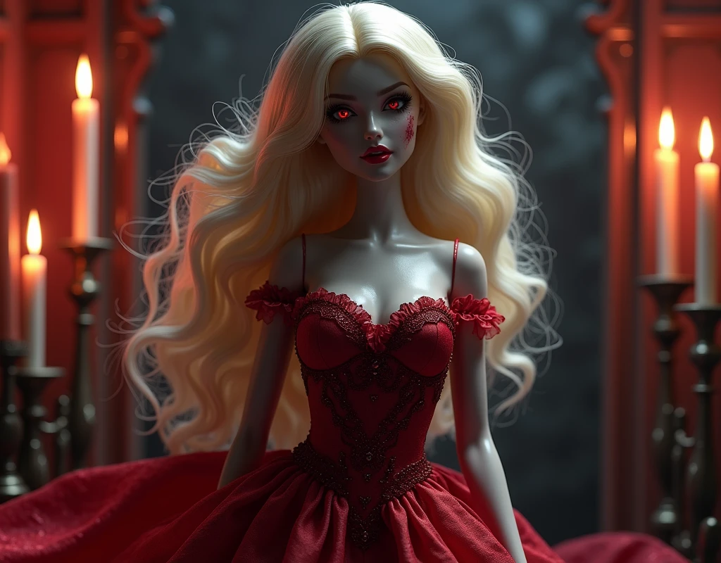 Fantasy art, RPG art, Dark fantasy art,  illustration of extremely 1beautiful Barbie vampire, Barbie mistress of death, she has long hair, flowing hair, wavy hair, blond hair, pale grey skin, (red eyes: 1.3) (glowing eyes: 1.3), (stains of blood on face: 1.2),  (vampire fangs: 1.3) she wears dark pink dress, silk dress, she wears stockings, high heels, Barbie dollhouse backgrond, dynamic position, (full body: 1.2) dim candles light, dark fantasy art, gothic art, dynamic angle, best details, best quality, 16K, [ultra detailed], masterpiece, best quality, (ultra detailed), full body, ultra wide shot, photorealistic, 3D rendering, NeroV2