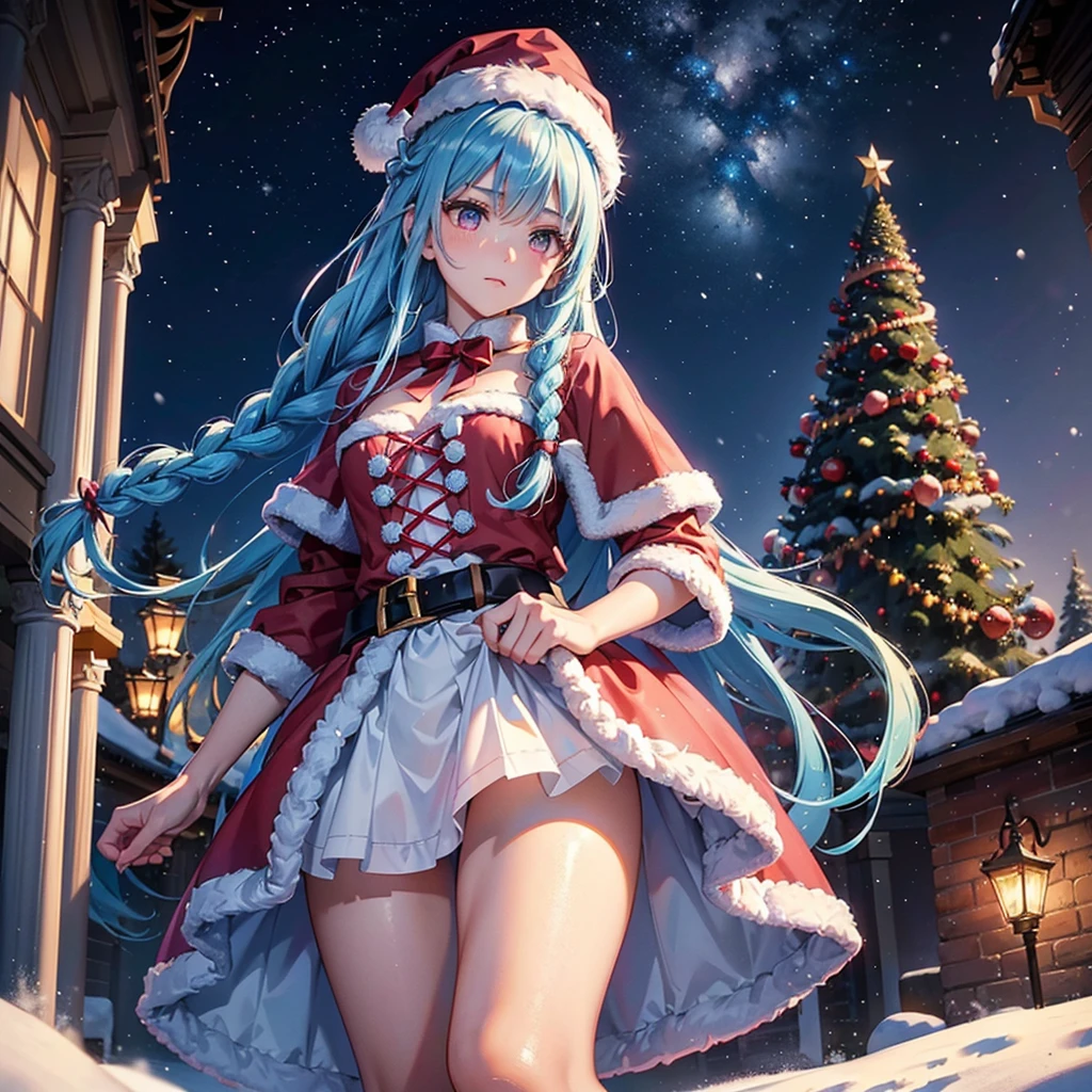 (Sky Blue Hair),((one Braided Hair:1.2)),(Pink Eyes),(Fair Skin),(Full Body),(Alone),(Santa Claus Clothes),(Giant Christmas Tree in the Background),(Snowy Night),Sparkling Night Sky,snowman,gift box,(Masterpiece, Top Quality, Very Detailed, Best Shadows),(Detailed Background),(Beautifully Detailed Face),High Contrast,(Best Lighting, Very Delicate and Beautiful),((Cinematic Light)),Hyper Detail,8k,Dramatic Light,Exquisite Detail,