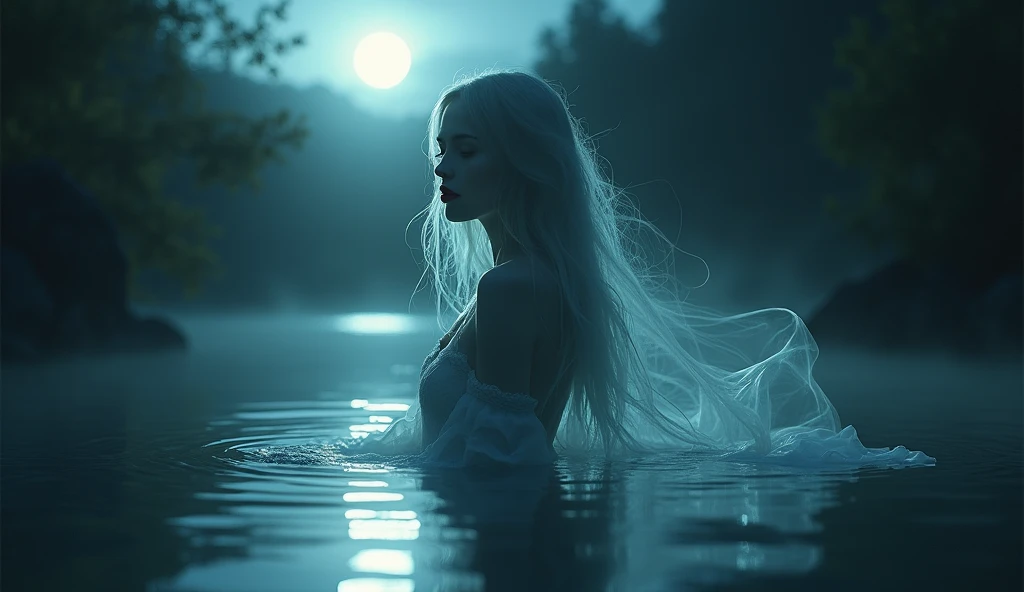 Beautiful ghost lady red lips river night image
