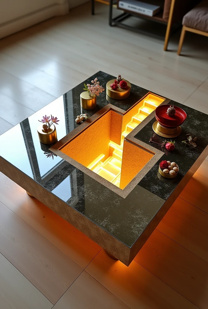 Small square coffee table handcrafted, featuring a two-way mirrored glass top that reflects a stunning visual effect inside that resembles a tunnel, a deep, endless well, and an endless staircase lit from the inside with warm golden LED lighting. The sides are covered with wallpaper that simulates the look of 3D textured wallpaper.. The table is decorated with simple decorations such as golden pedestals, small flowers, a cake and nuts, and contains a red rose and a tea cup. . The table is placed on a light-colored wooden floor.. The table design combines simplicity and elegance with a touch of modernity, making it a distinctive piece of art in any room or living room.