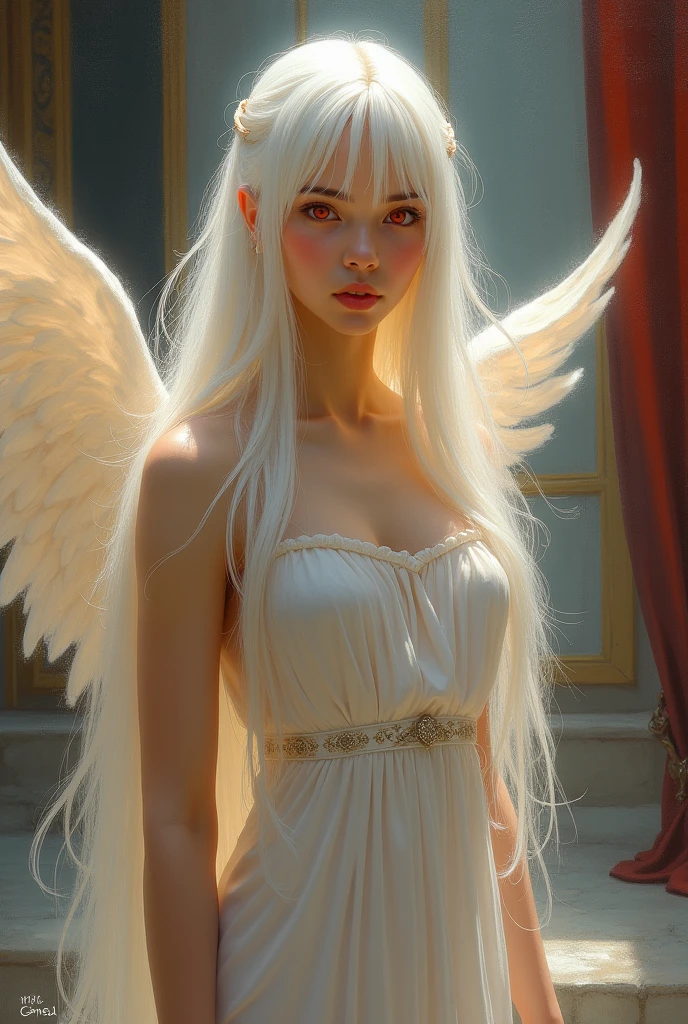 Masterpiece, best quality, Delicate and extremely beautiful girl,Delicate and extremely beautiful, world Masterpiece theater, Very detailed, Highly detailed, best quality, white hair, Light red eyes, angel wings, height, มีรายVery detailed,1 girl, best quality, illustration, look at viewer, Dough, canvas, oil painting, TRUEistic, TRUEist ,TRUE,