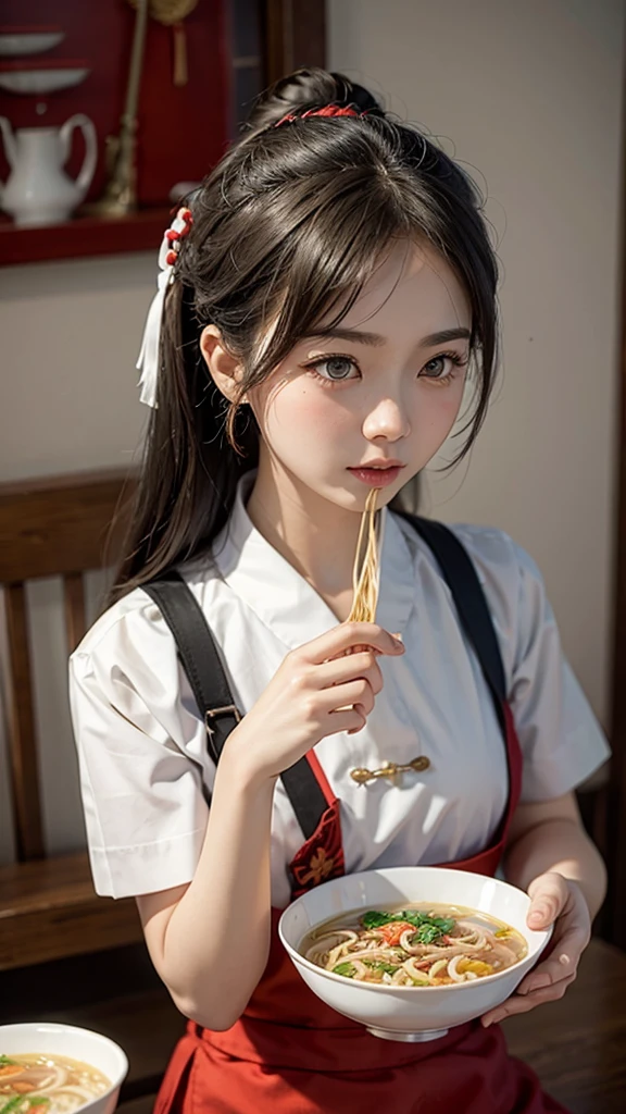 Dressed in china,Holding a bowl of ramen,One person,