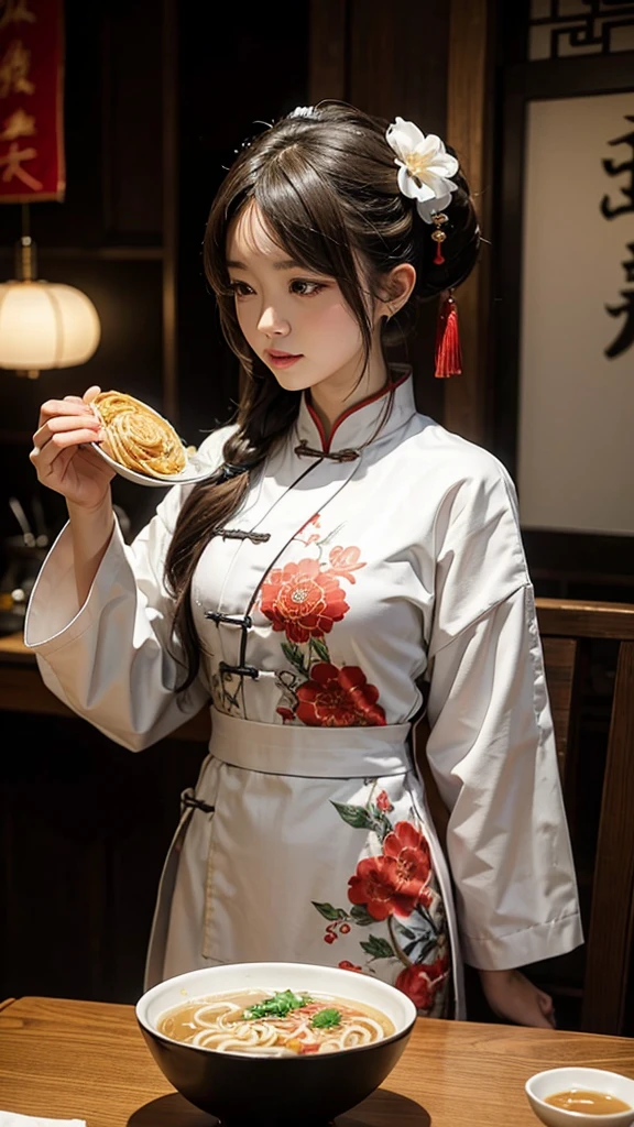 Dressed in china,Holding a bowl of ramen,One person, 