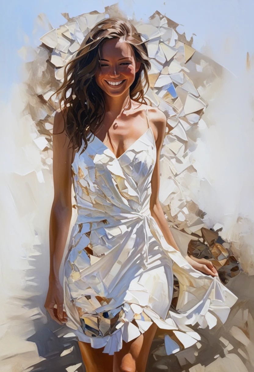 Painting of a woman with a face made of broken pottery shards, She turns her face towards the viewers and flashes her biggest smile.、She turned around, her long brown hair shaking.、The sunlight is shining from behind, casting a deep shadow on her face.、Backlight、Deep contrast、Wearing a white dress、intricate and intense Oil paints, Abstract Portrait, intricate Oil paintsing artwork, Vadim Kashin、Realistic, gives the viewer a detailed impact, a portrait painted with oil paint, , intricate and wet Oil paints, Oil paints, New art beyond dimensions, Happy expression, Ryan Hewett、bichu、oil paintin、A three-dimensional painting、super masterpiece、Ultra high definition、vivid colors、