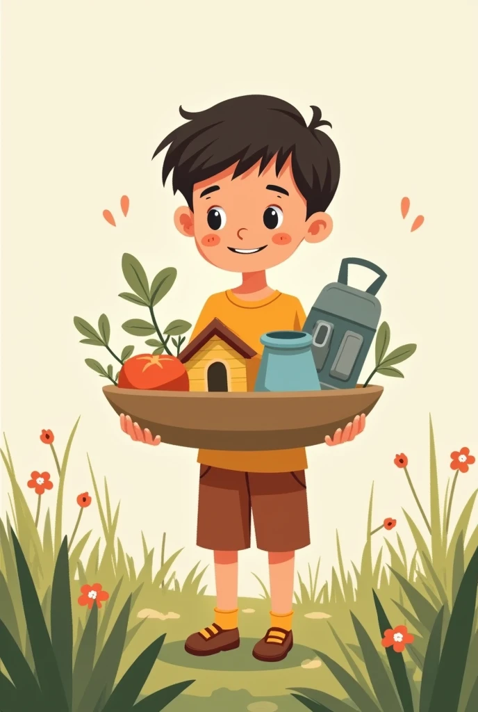 Boy holding house food clothing water in his hand easy drawing