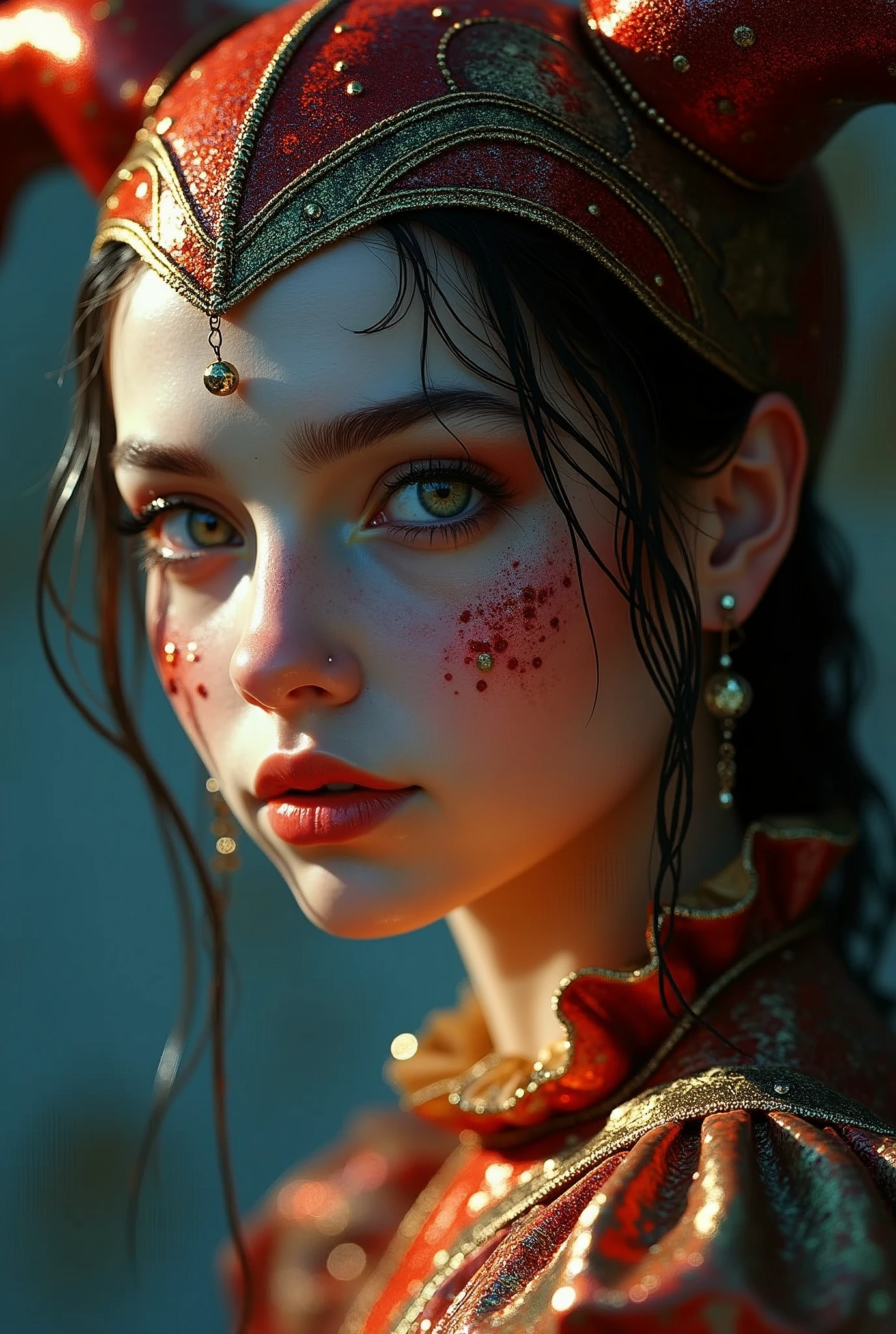 The photo shows a beautiful girl in a harlequin costume, with beautiful shapes. Focus on eyes.The girl looks wet, which adds a special charm to her. Her image radiates light and attracts the viewer's gaze,CGI.Lighting Effects,hyper-realistic,acrylic paints.