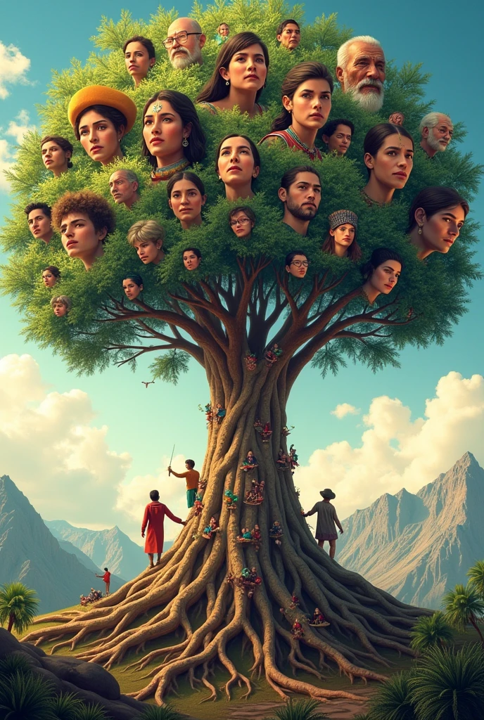 A tree whose roots are formed by images of important historical events of Bolivia, while the branches represent people looking ahead, symbolizing how history nourishes the identity and future of the country.