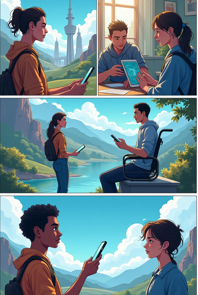 Create a 6 panel grid comics about the modera (technology and how it helps human)