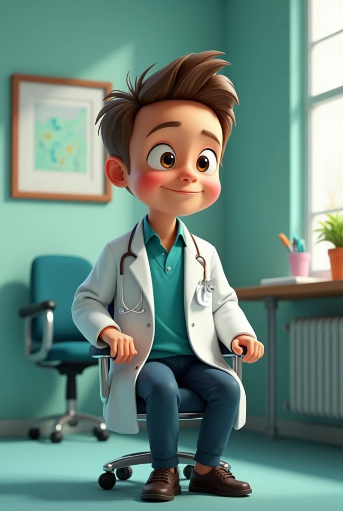 Cartoon Michel Cymes like in Pixar as a doctor sitting on the chair. 