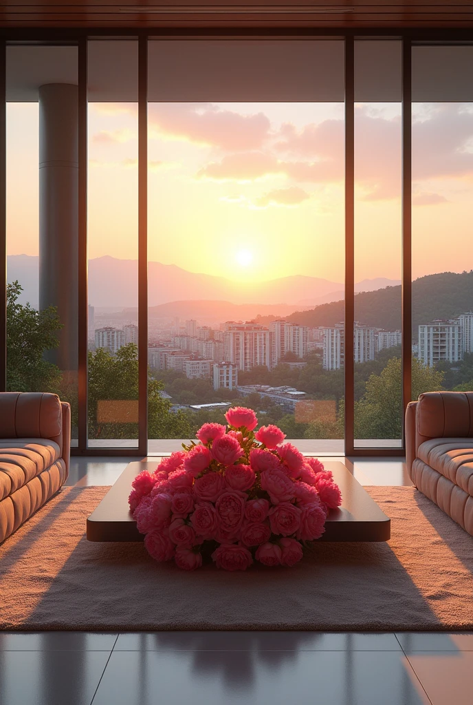 big modern living room with sunset, peonies in the middle, and Alsancak city view with apartments and trees