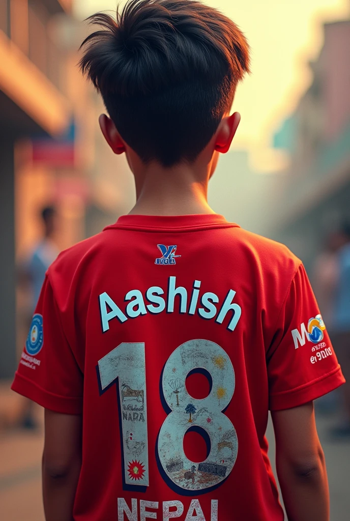 A boy  written in back side of t shirt written name Aashish  and down side written 18 number and up side written nepal and made one logo of ipl

Back side of t shirt  written in t shirt of back side in red t shirt  and on up side written Nepal in 3d in big letter 