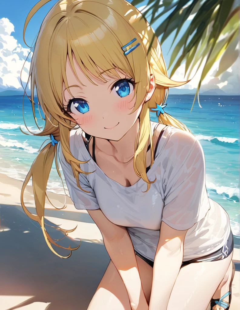 (masterpiece),(Highest quality),(Very detailed),(Best illustrations),(Best Shadow),(Absurd),(Detailed Background),(so beautiful),  
Hachimiya Meguru, 
one person&#39;s, alone,
blonde, hair ornaments, Twin tails, Flower hair clip, Long Hair, 
smile, blush, Blue Eyes, Beautiful eyes down to the last detail, Gaze,
chest,
Yellow swimsuit, White T-shirt,
Ocean, Ocean辺, Sandy Beach,
noon, sunlight, cloud, Background Blur, 